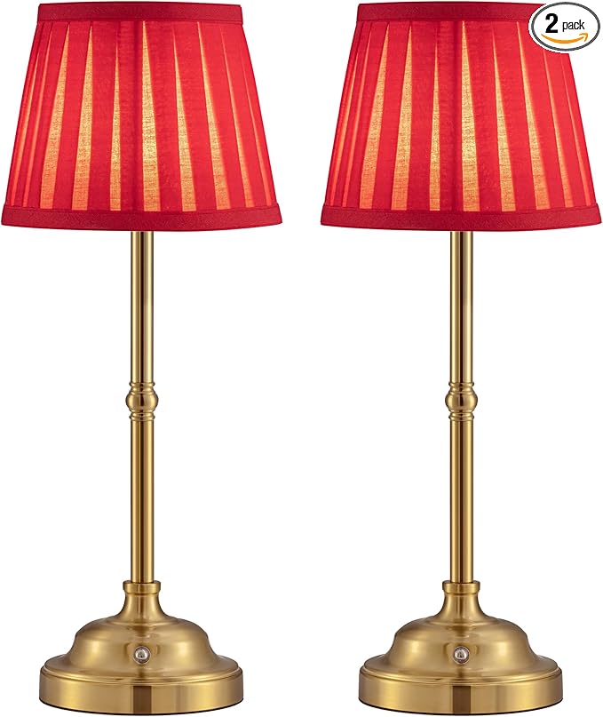 KDG Cordless LED Table Lamp Set of 2, Portables Fabric Shade Desk Lamps, 5000mAh Rechargeable Battery Powered Lighting, Dimmable Light for Dining Room, Bedroom, Bedside, Night Light, Balcony (Red) - LeafyLoom