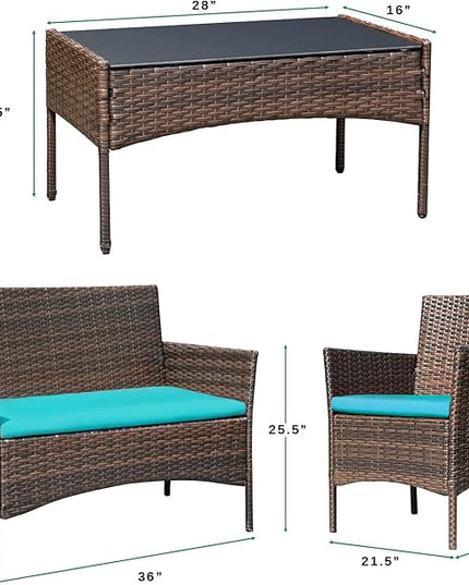 Greesum Patio Furniture 4 Pieces Conversation Sets Outdoor Wicker Rattan Chairs Garden Backyard Balcony Porch Poolside loveseat with Soft Cushion and Glass Table, Brown and Blue - LeafyLoom