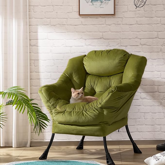 HollyHOME Modern Fabric Large Lazy Chair, Accent Oversized Comfy Reading Chair, Thick Padded Cozy Lounge Chair with Armrest, Steel Frame Leisure Sofa Chair for Living Room, Bedroom, Dorm, Army Green - LeafyLoom
