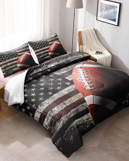 American Football Comforter Set for Boys Teens,Kids Sports Bedding Set Full Size,USA Flag Football Printed Bedroom Sets with 2 Matching Pillow Shams - LeafyLoom