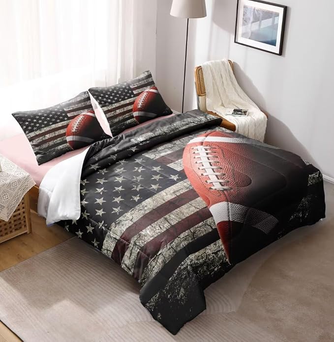 American Football Comforter Set for Boys Teens,Kids Sports Bedding Set Full Size,USA Flag Football Printed Bedroom Sets with 2 Matching Pillow Shams - LeafyLoom