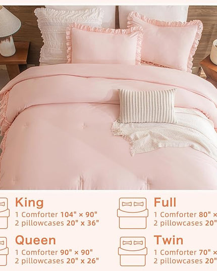 Shabby Ruffled King Comforter Set,Farmhouse Blush Pink Bedding Comforter Lightweight Ultra Soft Vintage French Country Microfiber Comforter 3pc (1 Ruffle Comforter and 2 Pillowcases) - LeafyLoom