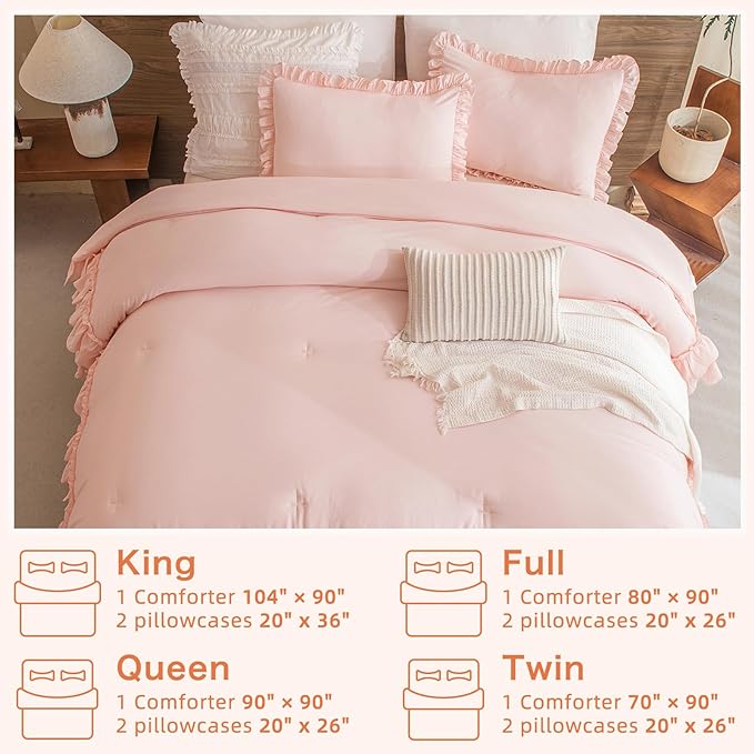 Shabby Ruffled King Comforter Set,Farmhouse Blush Pink Bedding Comforter Lightweight Ultra Soft Vintage French Country Microfiber Comforter 3pc (1 Ruffle Comforter and 2 Pillowcases) - LeafyLoom
