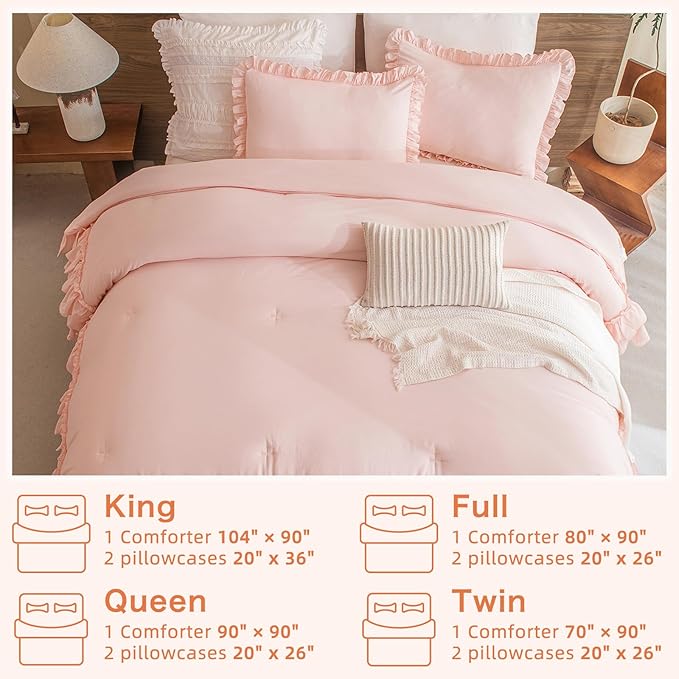 Blush Pink Comforter Set Queen,Farmhouse Shabby Boho Chic Comforter,Vintage Rustic Soft Microfiber Down Alternative Bedding Comforter Set 3PCS(1 Ruffled Comforter and 2 Pillowcases) - LeafyLoom