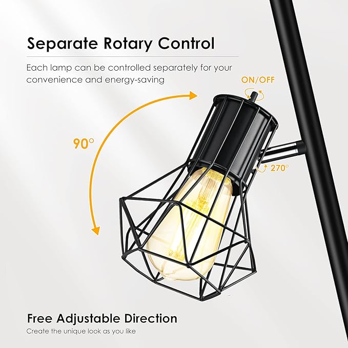 Industrial Floor Lamp, Standing Lamp, Farmhouse Tree Floor Lamp with 3pcs 6W Edison Bulbs, Free Adjustable Cage Heads, Independent Control, Floor Lamp for Living Room, Bedroom, Office, Rustic Home - LeafyLoom