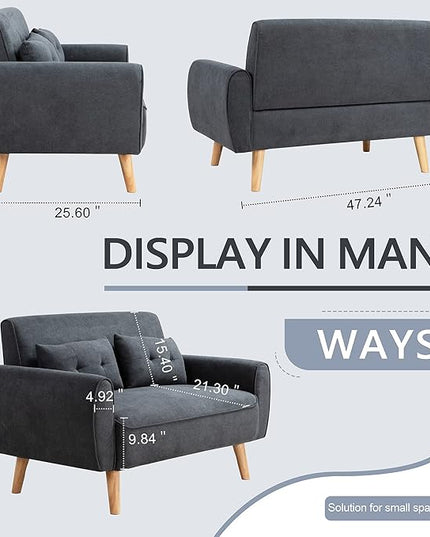 Shintenchi 47" Small Modern Loveseat Couch Sofa, Fabric Upholstered 2-Seat Sofa, Love Seat Furniture with 2 Pillows, Wood Leg for Small Space, Living Room, Bedroom, Apartment, Dark Grey - LeafyLoom