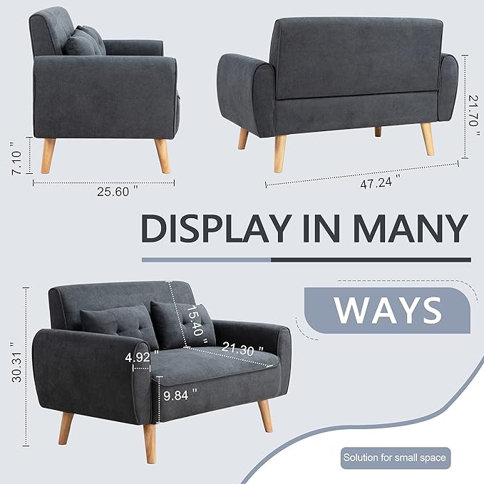 Shintenchi 47" Small Modern Loveseat Couch Sofa, Fabric Upholstered 2-Seat Sofa, Love Seat Furniture with 2 Pillows, Wood Leg for Small Space, Living Room, Bedroom, Apartment, Dark Grey - LeafyLoom