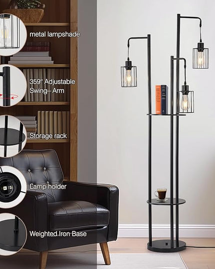Dimmable floor lamp with table，Industrial Farmhouse Floor Lamp adjustable Angle，3 Light Rustic Standing Tall Lamp for living room, bedroom and office （bulbs included） - LeafyLoom