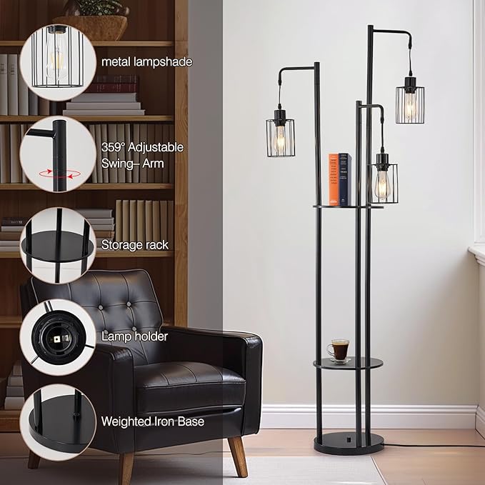 Dimmable floor lamp with table，Industrial Farmhouse Floor Lamp adjustable Angle，3 Light Rustic Standing Tall Lamp for living room, bedroom and office （bulbs included） - LeafyLoom