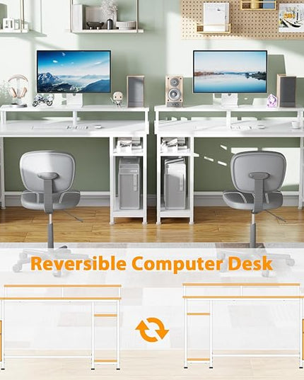 Furologee 61" Computer Desk with Fabric File Cabinet & Drawer, Reversible White Desk with Storage Shelf, Office Desk with Long Monitor Stand, Writting Desk Workstation, for Home/Office/White - LeafyLoom