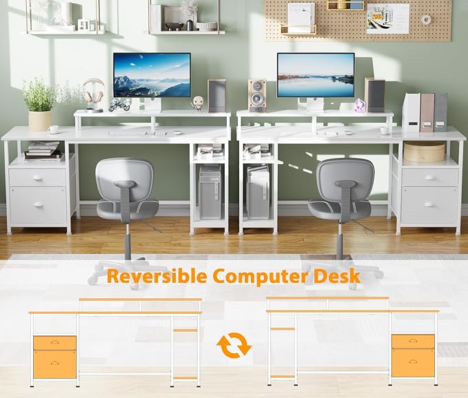 Furologee 61" Computer Desk with Fabric File Cabinet & Drawer, Reversible White Desk with Storage Shelf, Office Desk with Long Monitor Stand, Writting Desk Workstation, for Home/Office/White - LeafyLoom