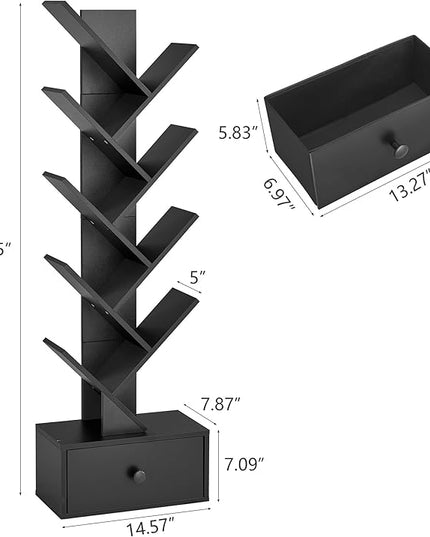 9 Tier Tree Bookshelf, Tree Bookcase with Drawer, Floor Standing Tall Wood Bookshelves, Modern Book Organizer for Living Room, Bedroom, Home Office, Black - LeafyLoom