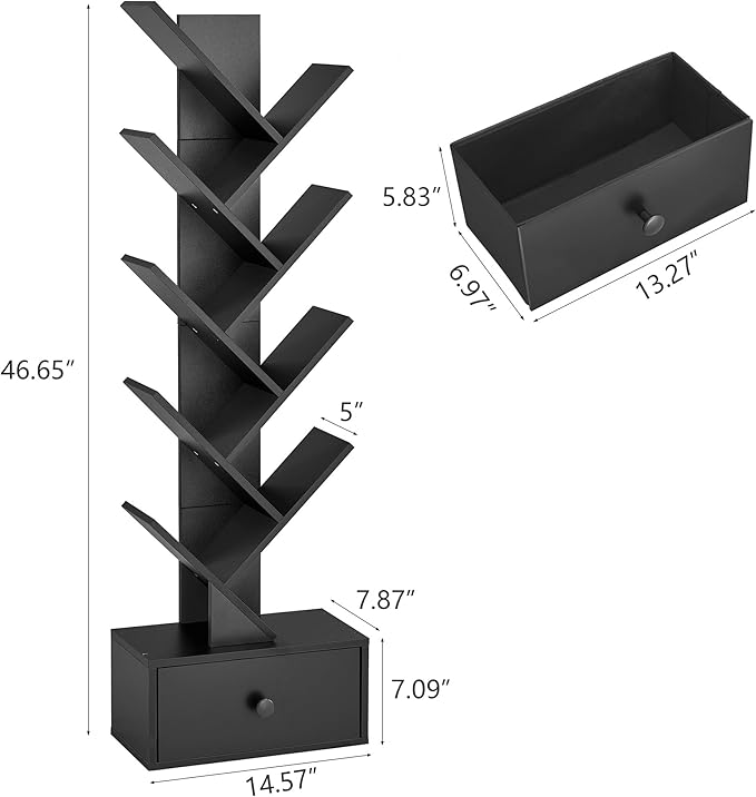 9 Tier Tree Bookshelf, Tree Bookcase with Drawer, Floor Standing Tall Wood Bookshelves, Modern Book Organizer for Living Room, Bedroom, Home Office, Black - LeafyLoom