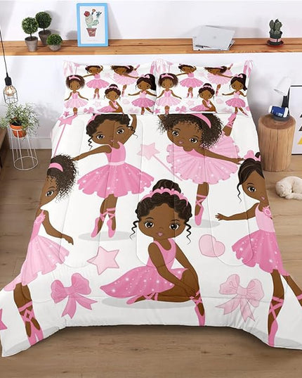Full Bedding Sets for Girls, African American Magic Comforter Set with Ballet Dancer, Pink Bed Set for Kids Teens, Little Girls Bedroom Decor - LeafyLoom