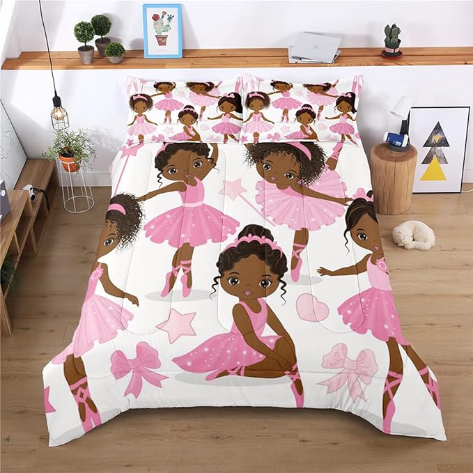 Twin Bedding Sets for Girls, African American Magic Comforter Set with Ballet Dancer, Pink Bed Set for Toddler Kids Teens, Little Girls Bedroom Decor - LeafyLoom