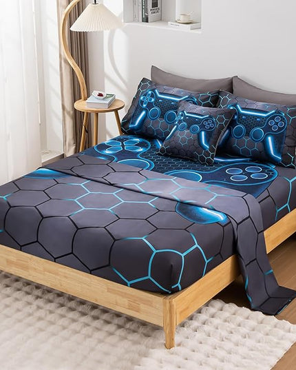 8Pcs Game Console Comforter Set with Sheets for Boys Girls Kids Teens, Geometric Gaming Themed Bed in A Bag Twin Size, Blue 3D Video Gamer Controller Bedroom Decor Bedding Set-Blue - LeafyLoom