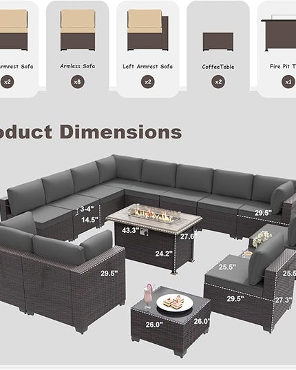 15PCS Patio Furniture Set with Fire Pit Table Outdoor Sectional Furniture Outdoor Sofa Rattan Patio Conversation Sets with 43in 55,000 BTU Propane Gas Fire Pit Table Glass Table, Grey - LeafyLoom