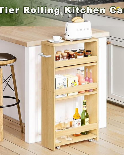 MARTY 4-Tier Rolling Storage Cart, Narrow Kitchen Cart with Wheels, Slim Storage Cart with Handle Slide Out Utility Cart Mobile Shelving Unit Laundry Bathroom Organizer (Maple) - LeafyLoom