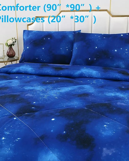 3PCS Blue Galaxy Comforter Set Queen Size, Bed in a Bag Summer Quilt Queen Size, Lightweight and Fade Resistant, Cute Bed Set for Boys Girls Toddler Kids and Teens, Queen - LeafyLoom