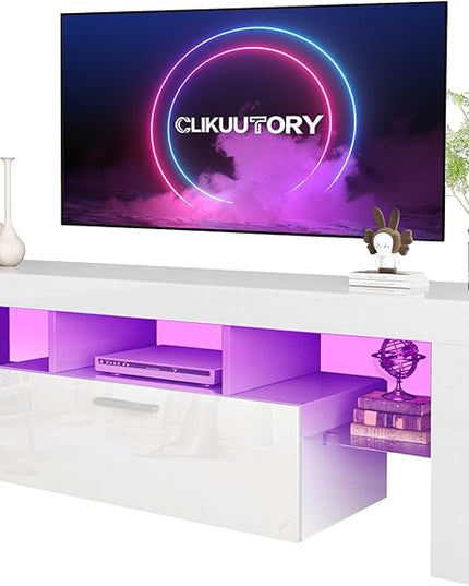 Clikuutory White LED TV Stand with Large Storage Drawer for 32 40 50 55 Inch TVs, Modern High gloss TV Console Table with Entertainment Center for Living Room, Bedroom, White - LeafyLoom
