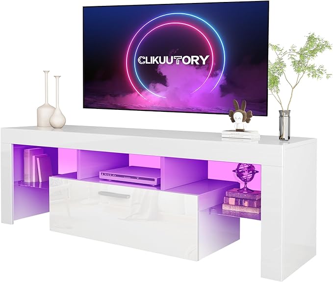 Clikuutory White LED TV Stand with Large Storage Drawer for 32 40 50 55 Inch TVs, Modern High gloss TV Console Table with Entertainment Center for Living Room, Bedroom, White - LeafyLoom