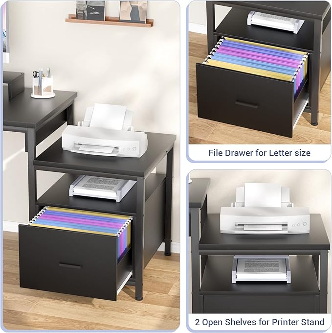 Aheaplus L Shaped Desk with Power Outlet, Standing Home Office Desk with Lift Top and File Drawer, 63'' Corner Computer Desk with Monitor Stand&Printer Shelves, Gaming Desk with Led Lights, Black - LeafyLoom