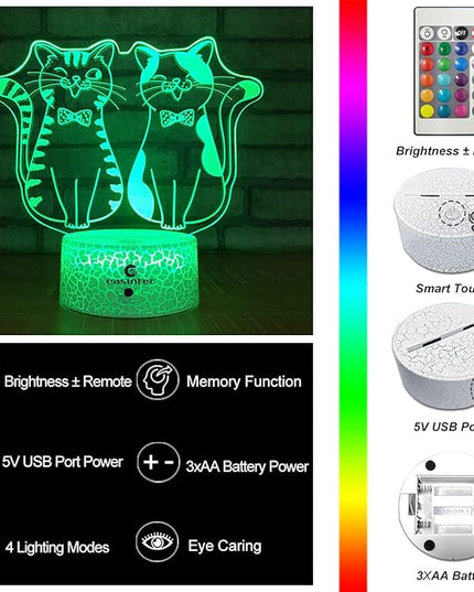 easuntec Cat Gifts for Cat Lovers Cat Lamp with Remote & Smart Touch 7 Colors + 16 Colors Changing Dimmable Cat Gifts 4 5 6 7 8 Year Old Girl Gifts (2Cat 16WT) - LeafyLoom