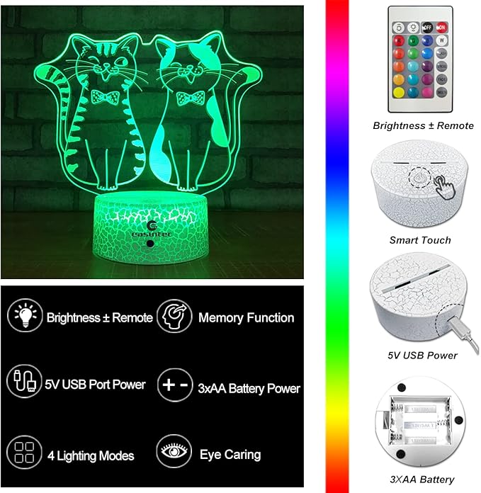 easuntec Cat Gifts for Cat Lovers Cat Lamp with Remote & Smart Touch 7 Colors + 16 Colors Changing Dimmable Cat Gifts 4 5 6 7 8 Year Old Girl Gifts (2Cat 16WT) - LeafyLoom