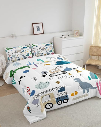 Erosebridal Construction Comforter Set Twin, Cute Dino Excavator Bedding for Kids Boys Girls, Cartoon Car Trucks Crane Equipment Bedding Comforter Sets, Green Blue Dinosaur Vehicles Duvet Insert - LeafyLoom