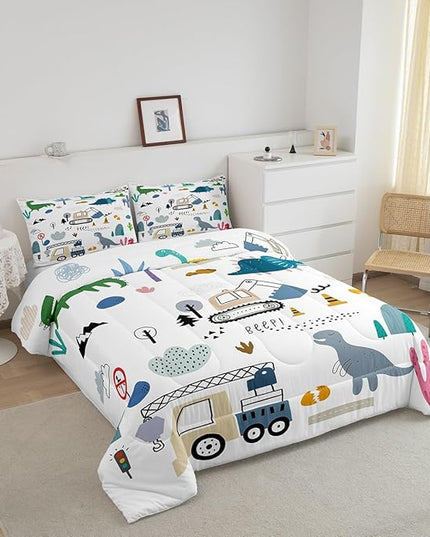 Cartoon Car Comforter Set King Size, Kawaii Dino Bedding For Child, Machinery Trucks Construction Vehicle Cartoon Dinosaurs Bedding Comforter Sets, Cute Wild Animal Equipment Blue Gray Green Quilt - LeafyLoom