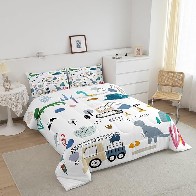 Cartoon Car Comforter Set King Size, Kawaii Dino Bedding For Child, Machinery Trucks Construction Vehicle Cartoon Dinosaurs Bedding Comforter Sets, Cute Wild Animal Equipment Blue Gray Green Quilt - LeafyLoom