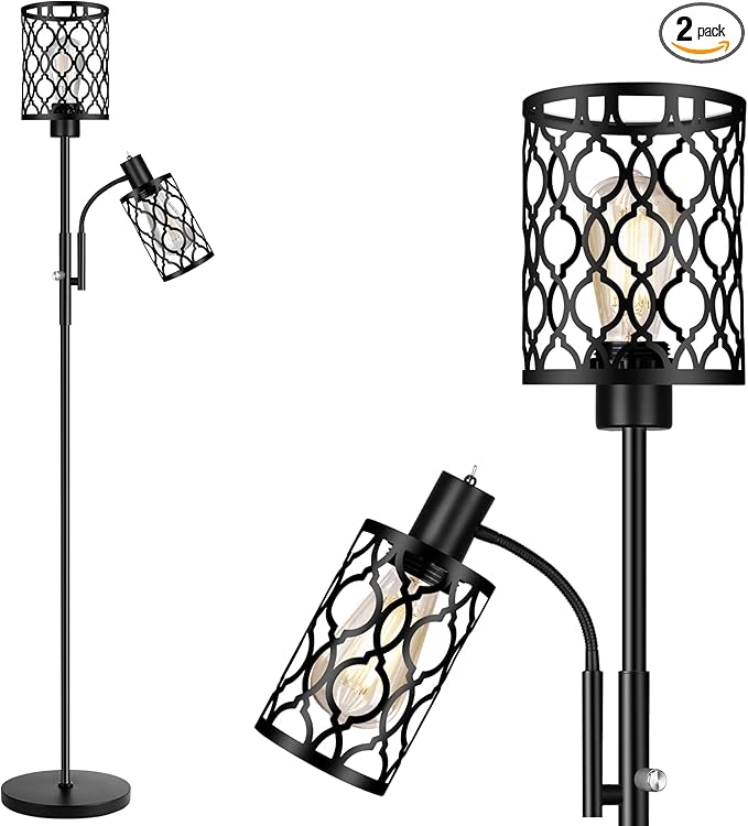 72" Farmhouse Floor Lamps for Living room, Black Floor Lamps with Adjustable Reading Lamp, 2-Light Tall Standing Lamps with 2 Edison Bulbs, Industrial Floor Lamps for Bedroom, Office, 6W, Black - LeafyLoom