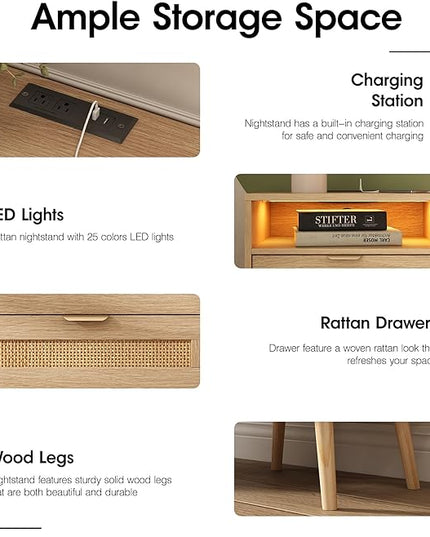 Rattan Nightstand with Charging Station USB Port Led Lights and 2 Storage Drawers, Bedroom Furniture Night Stand Bedside Table Bed Side Table End Table Sofa Table (1 Pack) - LeafyLoom