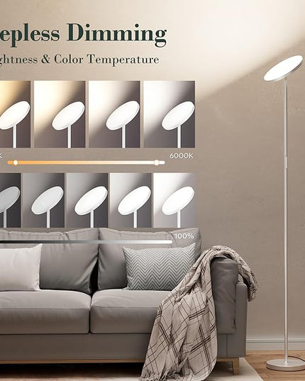 LED Floor Lamp, 30W/2500LM Super Bright Standing Light, Modern Torchiere Sky Lamp with 4 Color Temperatures, Remote Touch Control, Corner Lighting for Living Room, Bedroom, Office, Silver Grey - LeafyLoom