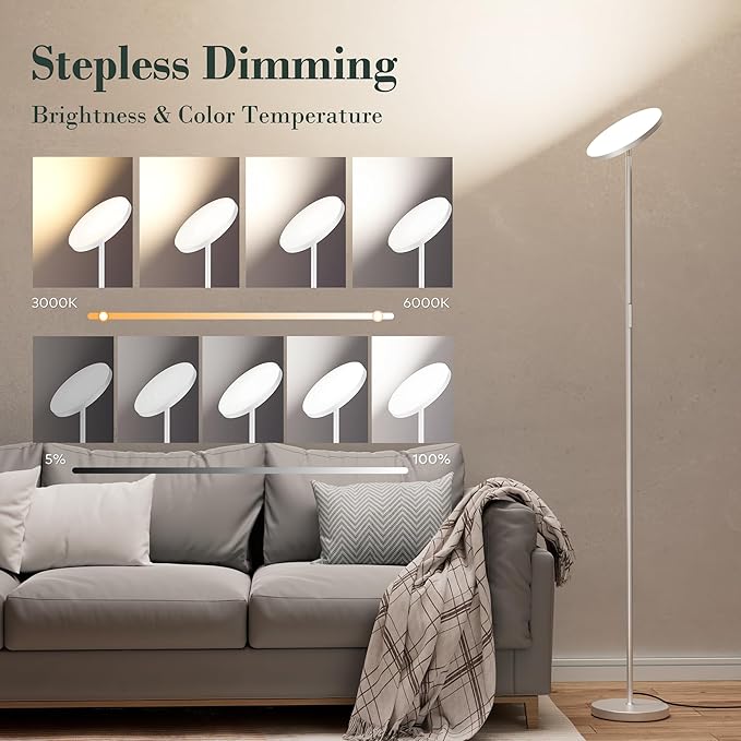 LED Floor Lamp, 30W/2500LM Super Bright Standing Light, Modern Torchiere Sky Lamp with 4 Color Temperatures, Remote Touch Control, Corner Lighting for Living Room, Bedroom, Office, Silver Grey - LeafyLoom