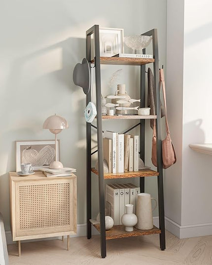YMYNY 4 Tiers Ladder Bookcase, Industrial Narrow Bookshelf, Open Display Rack with 4 S Hooks, Metal Storage Shelves for Bedroom, Home Office, Living Room, Rustic Brown, 49.2H*13.4L*11.8W, UHBC024H - LeafyLoom