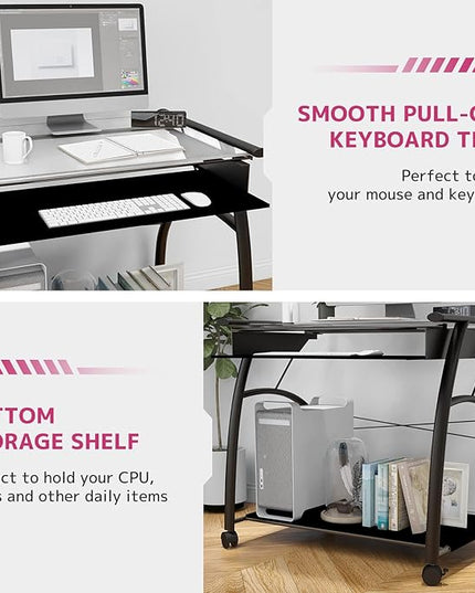 Acme Vincent Glass Top Computer Cart with Pull-out Keyboard in Pewter - LeafyLoom