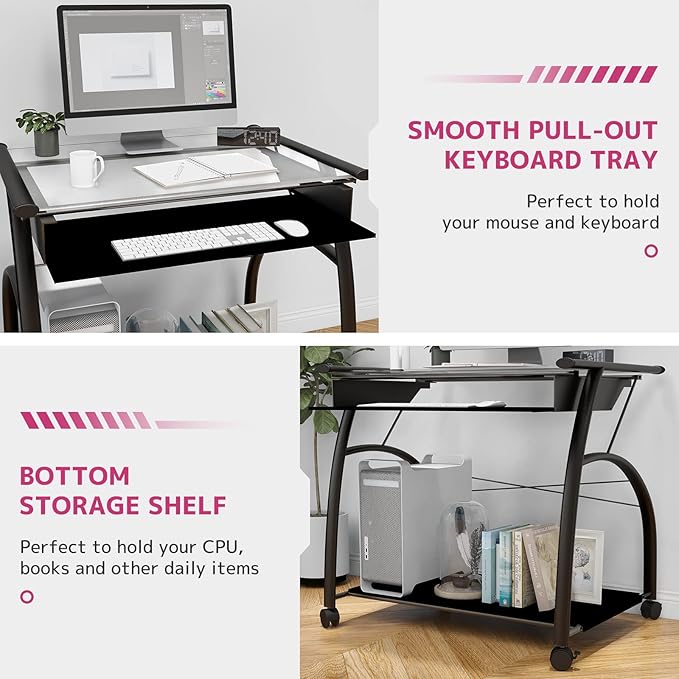 Acme Vincent Glass Top Computer Cart with Pull-out Keyboard in Pewter - LeafyLoom