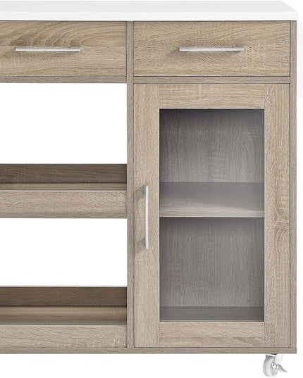 Modway Culinary Rolling Kitchen Cart with Storage in Oak White - 3 Tiers Kitchen Island on Wheels with Spice Rack, Functional as a Coffee Station, Bar Cabinet or Butcher Block Island - LeafyLoom