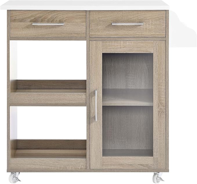 Modway Culinary Rolling Kitchen Cart with Storage in Oak White - 3 Tiers Kitchen Island on Wheels with Spice Rack, Functional as a Coffee Station, Bar Cabinet or Butcher Block Island - LeafyLoom