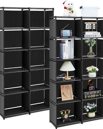 2 Pack DIY Portable Bookshelf Non Woven 5 Tier Black Cube Storage Organizer Book Case Cubicle Closet Shelf Organizer With10 Cubes Vertical Cabinet for bedroom Office Living Room - LeafyLoom