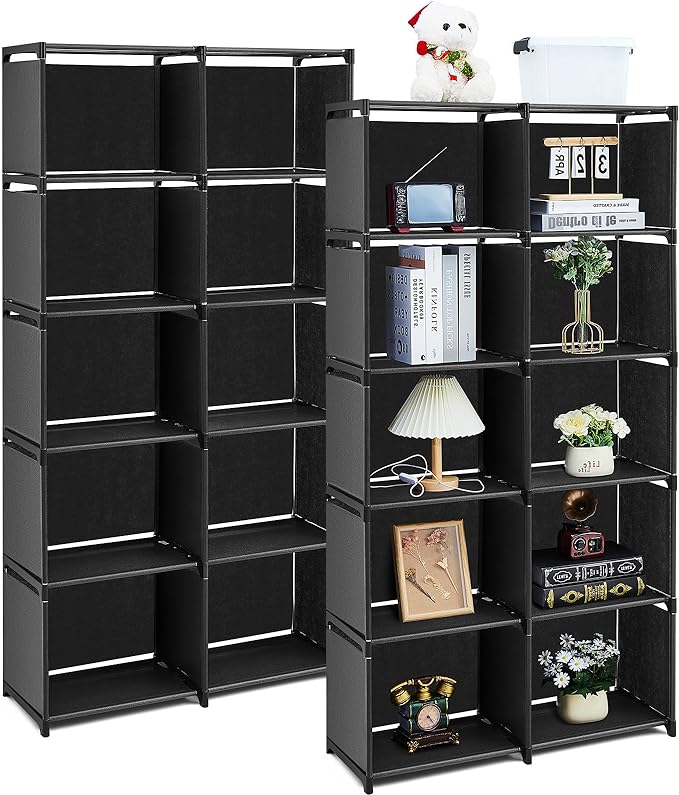 2 Pack DIY Portable Bookshelf Non Woven 5 Tier Black Cube Storage Organizer Book Case Cubicle Closet Shelf Organizer With10 Cubes Vertical Cabinet for bedroom Office Living Room - LeafyLoom