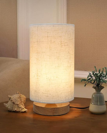 Small Bedside Night Table Lamp for Bedroom, Minimalist Nightstand Lamp with Round Fabric Linen Shade, Study Reading Desk Lamp for Kids Room, Living Room, College Dorm, Home, Office - LeafyLoom