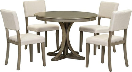 5 Piece Modern Round Dining Set, Including Solid Wood Curved Trestle Style Table Legs and 4 Upholstered Backrest Cushioned Chairs, for Kitchen, Living Room, Taupe+Beige - LeafyLoom