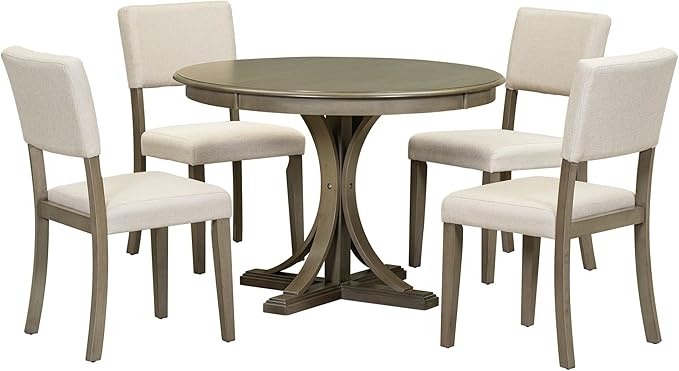 5 Piece Modern Round Dining Set, Including Solid Wood Curved Trestle Style Table Legs and 4 Upholstered Backrest Cushioned Chairs, for Kitchen, Living Room, Taupe+Beige - LeafyLoom