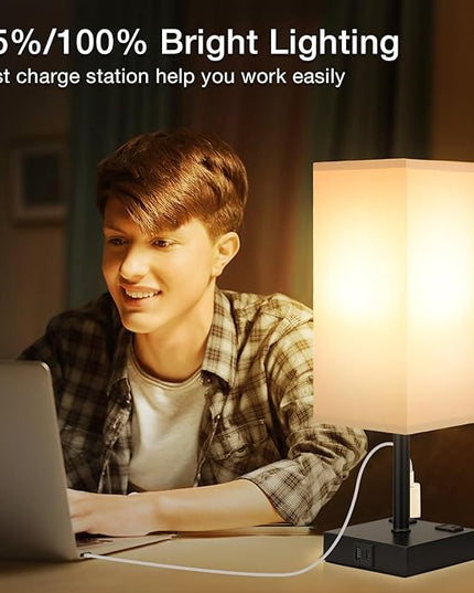 aooshine Black Base Gray Shade Set of 2 Touch Lamp with USB Port-Nightstand Lamp with USB-C+A Charge Ports& AC Outlets, 3-Way Dimmable Bedside Lamp, Small Table Lamp for Bedroom (Bulbs Included) - LeafyLoom