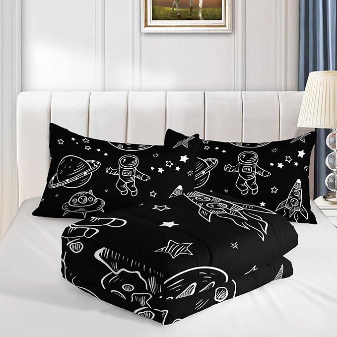 Datura home Kids Space Astronaut Comforter Set for Boys Kids Children,Galaxy Space Ship Astronaut Rocket Printed Bedding Set with 1 Comforter and 2 Pillowcases(Space Galaxy Twin), Twin 68x86inches - LeafyLoom