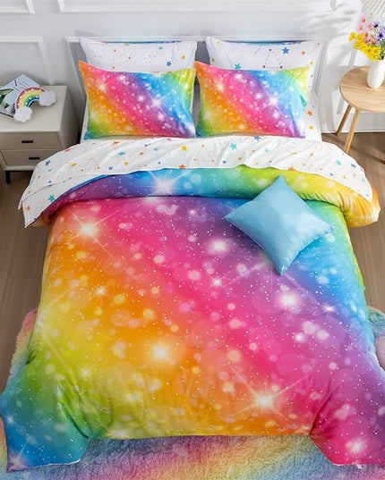 A Nice Night 6Pcs Gradient Glitter Bedding Set for Girls, Colorful Rainbow Galaxy Comforter Set, Ultra Soft Bedding Sets (Multi,Queen 6Pcs) - LeafyLoom