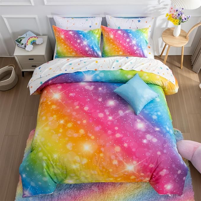 A Nice Night 6Pcs Gradient Glitter Bedding Set for Girls, Colorful Rainbow Galaxy Comforter Set, Ultra Soft Bedding Sets (Multi,Twin 6Pcs) - LeafyLoom