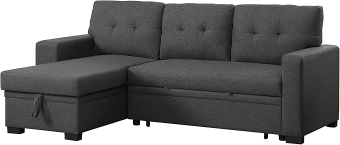 92 inch Convertible Sleeper L-Shaped Sectional Sofa with Storage Chaise, Upholstered Reversible Couch with Side Open Cup Holder for Apartment, Dorm, Living Room, Gray, 92inch, Dark Grey-5 - LeafyLoom